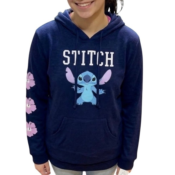 Disney Tops - Disney Stitch Navy Blue Lightweight Hoodie Hibiscus Sleeve Womens M NEW